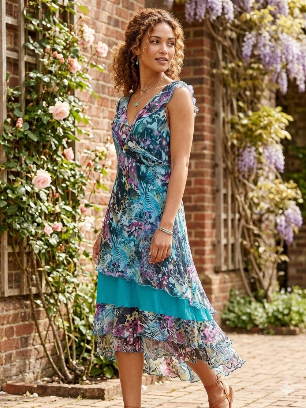 Women's Floral Dress Tiered V-Neck Midi Teal Purple Summer Flowy Party Sz M